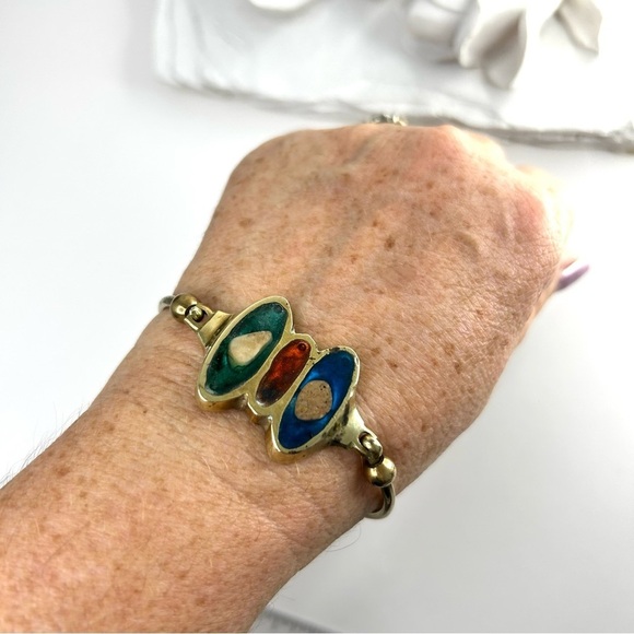 Artisan Made in Greece Inlay Stones Brass Bangle - Picture 4 of 16